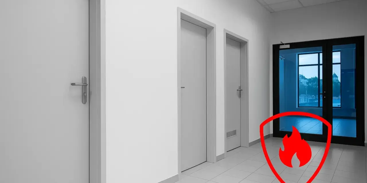Korytarz z kilkoma drzwiami, w tym jedne przeszklone. Czerwona tarcza z płomieniem symbolizuje ognioodporność, ważne przy wyborze drzwi do kotłowni.