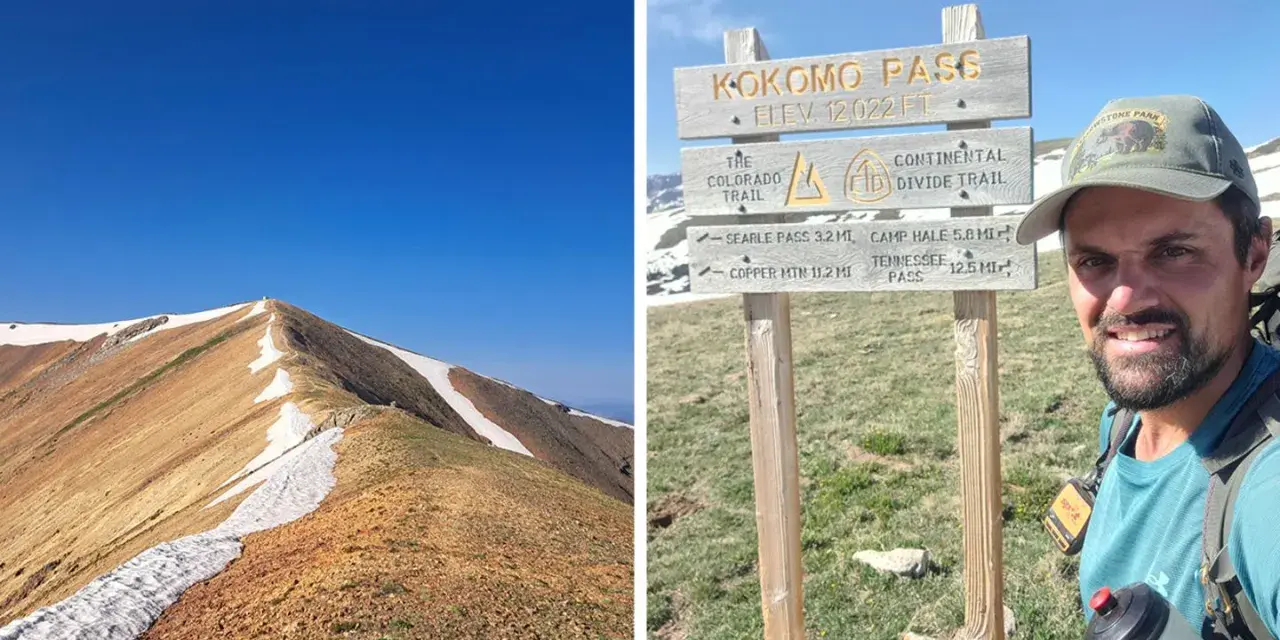Mann am Kokomo Pass, 12.022 Fuß hoch, auf dem Colorado Trail und Continental Divide Trail. Bergkamm mit Schnee und blauem Himmel.
