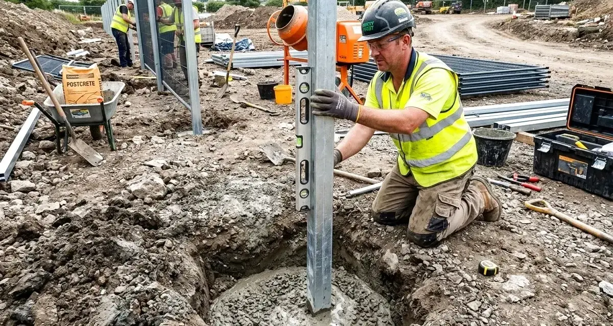 Budowlaniec sprawdza pion słupa ogrodzeniowego, który jest osadzany w betonie. To kluczowy etap budowy, gdzie fundament punktowy rozstaw jest precyzyjnie wykonany.
