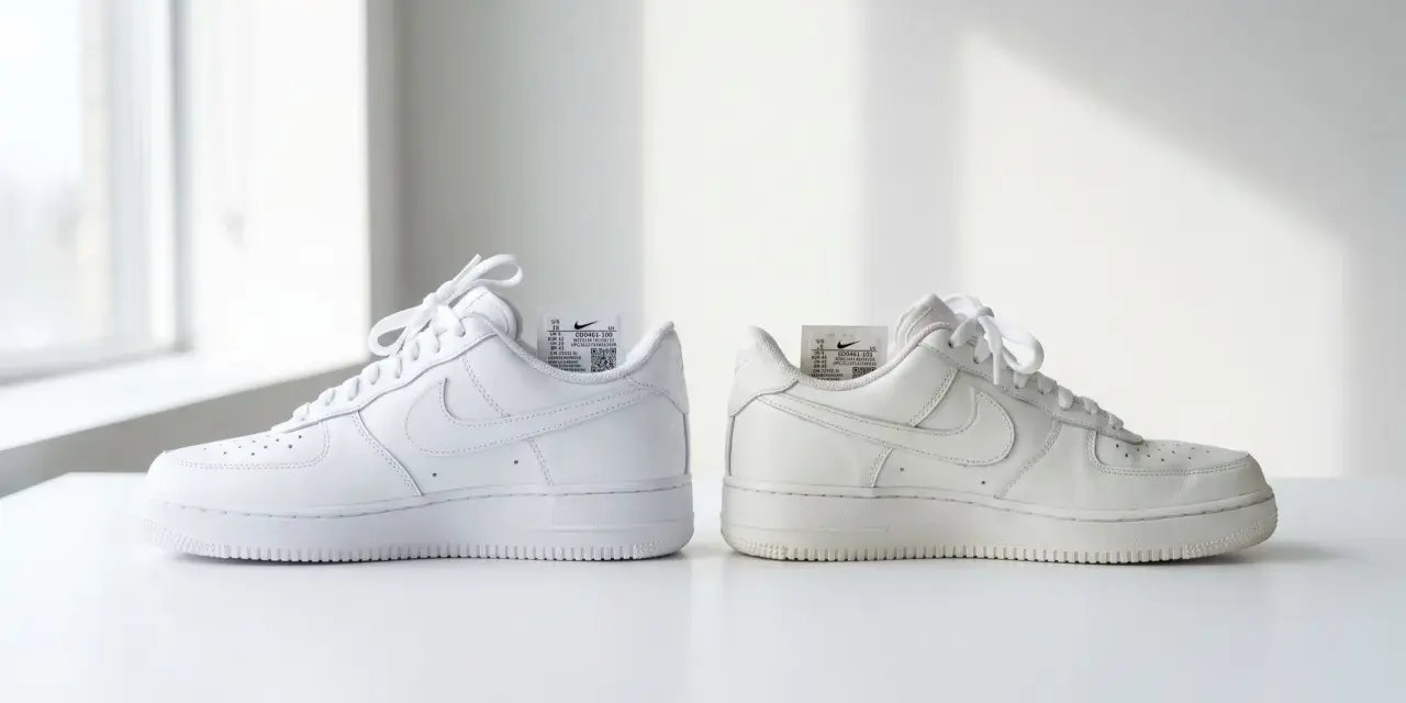 Dwa białe buty Nike Air Force 1, jeden świeży, drugi lekko przybrudzony. Czy 50 style ma oryginalne buty? Metki z kodami sugerują autentyczność.
