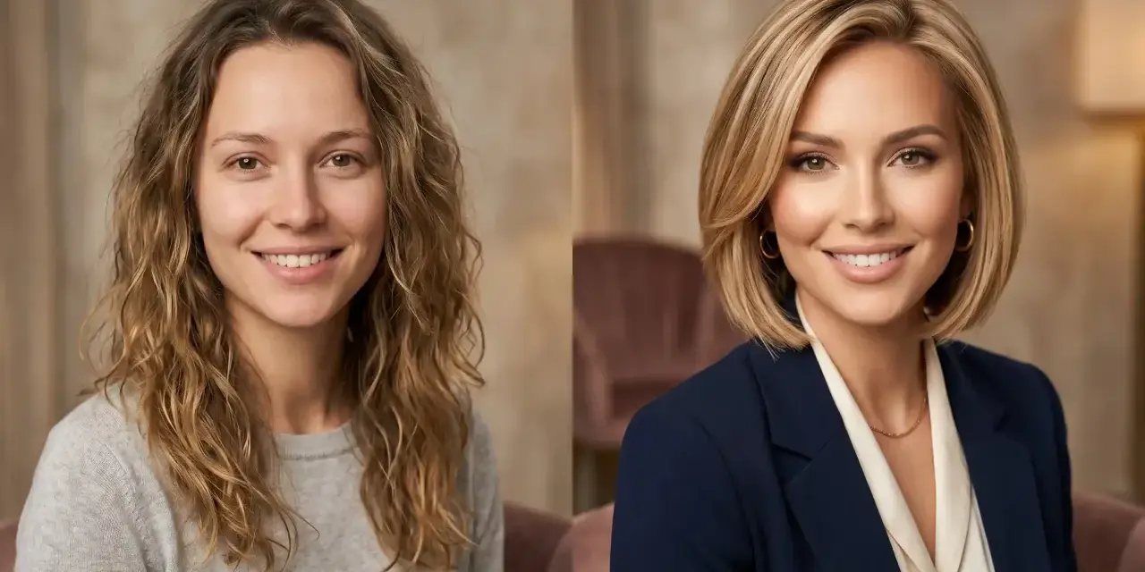 Przed i po: naturalna kobieta z kręconymi włosami i ta sama kobieta z eleganckim, prostym bobem, makijażem i granatową marynarką.