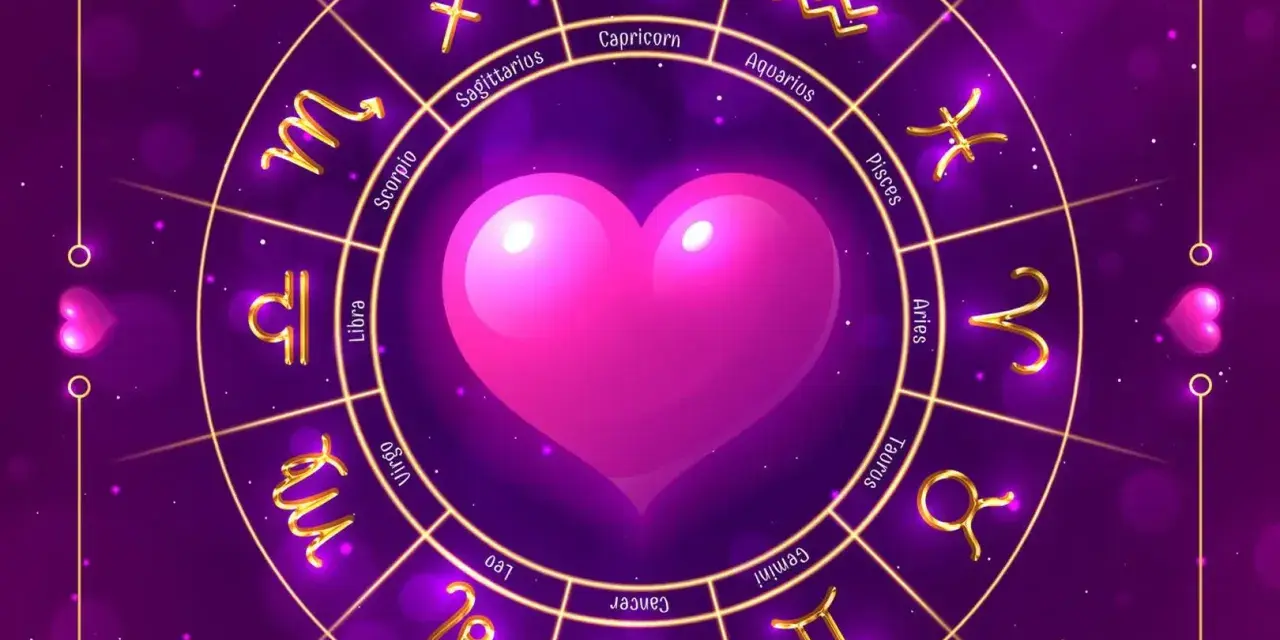 Znak zodiaku 12 listopada to Skorpion. Złote symbole zodiaku otaczają różowe serce na fioletowym tle.