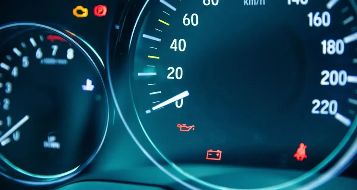 Armaturenbrett mit leuchtenden Warnlampen: Batterie, Öl, Airbag. Die Lichtmaschine defekt ohne Kontrollleuchte ist ein Problem.