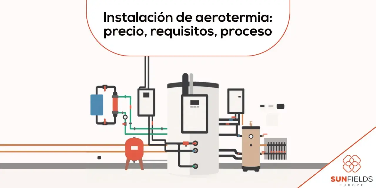 Esquema de instalación de aerotermia para vivienda unifamiliar, mostrando componentes clave y tuberías.
