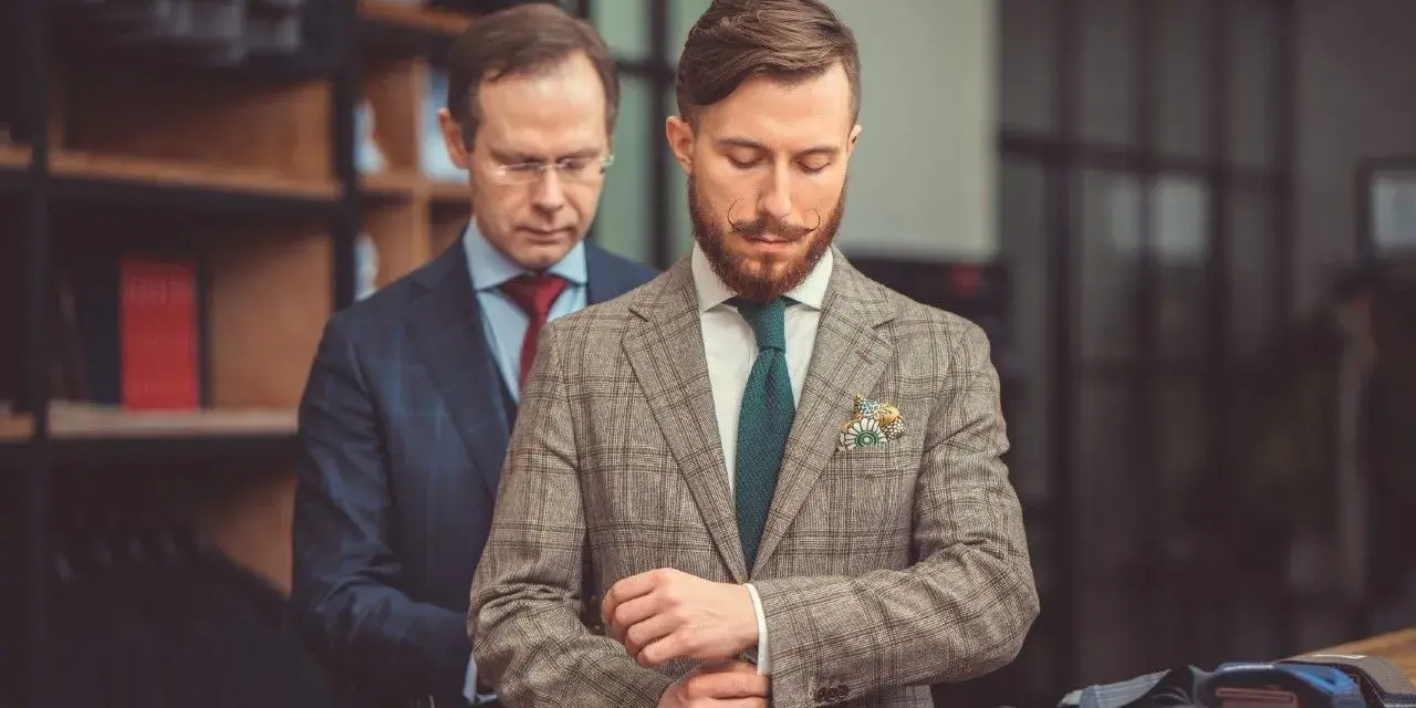 Elegancki garnitur dla świadka, dopasowywany przez krawca. Mężczyzna z wąsikiem przymierza tweedową marynarkę w kratę.