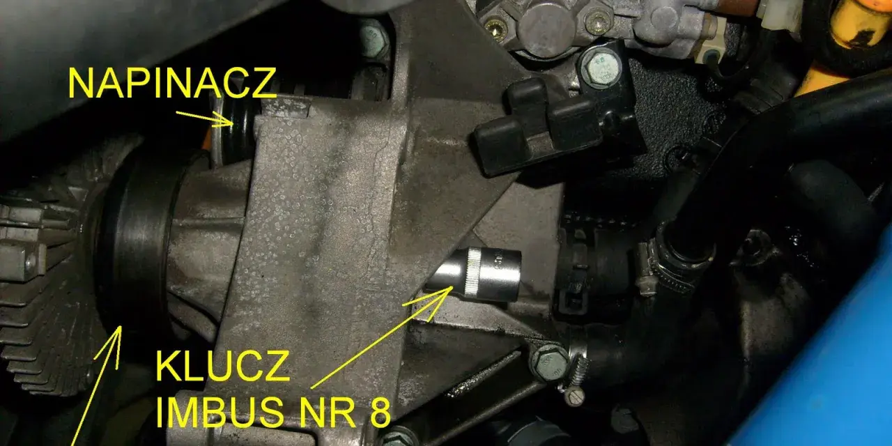 Napinacz paska klinowego Audi A4 B5 1.9 TDI. Klucz imbus nr 8 do regulacji napinacza rolki.