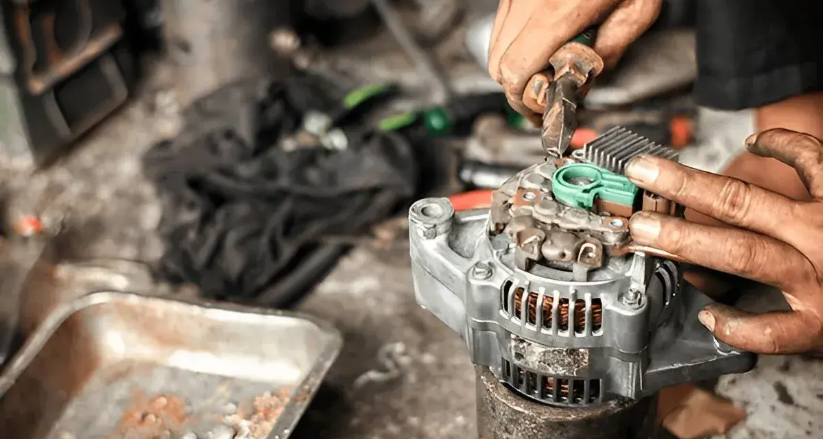 Mechaniker repariert Lichtmaschine, damit das Auto wieder anspringt.