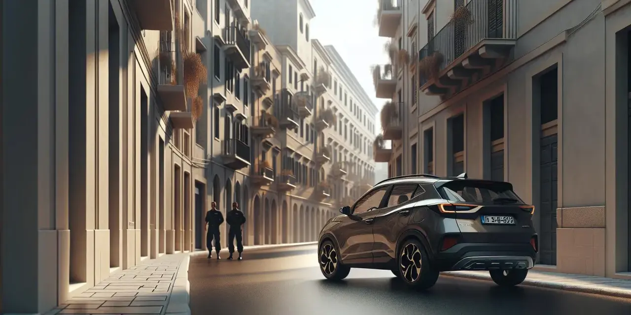 Un'auto scura parcheggiata in una strada italiana, con due uomini in uniforme che camminano. Un'atmosfera che ricorda l'art 159 cds.