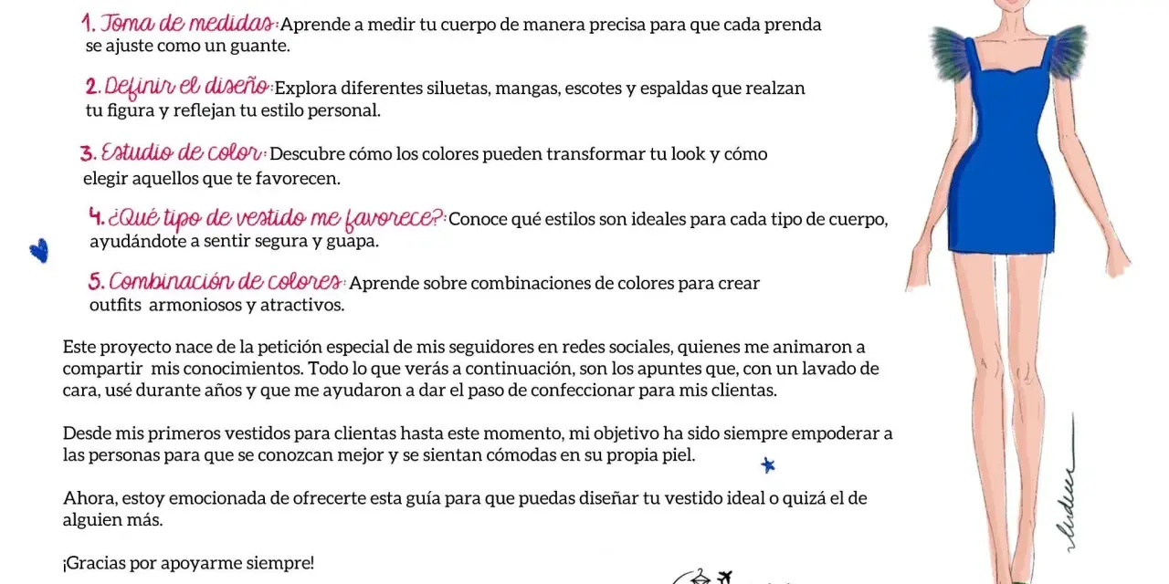 Guía para aprender como diseñar un vestido: toma de medidas, diseño, color y siluetas. Ilustración de un vestido azul y maniquí.