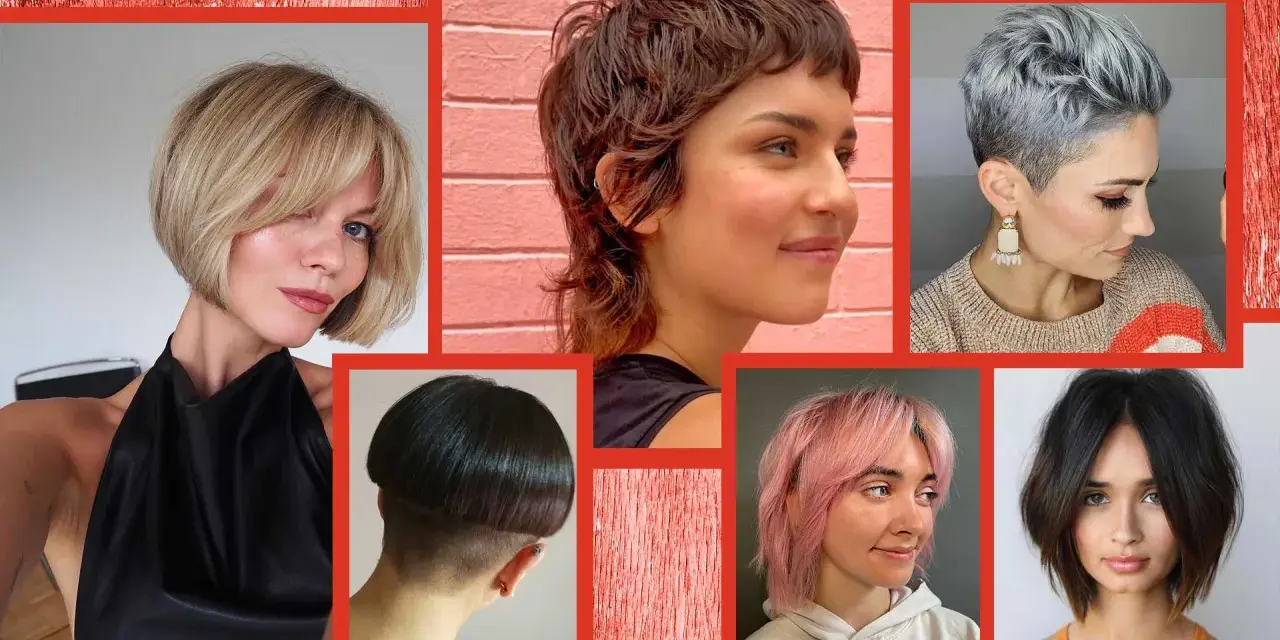 Collage di acconciature con tagli corti pratici: bob biondo, pixie grigio, caschetto a fungo, mullet castano e bob rosa.