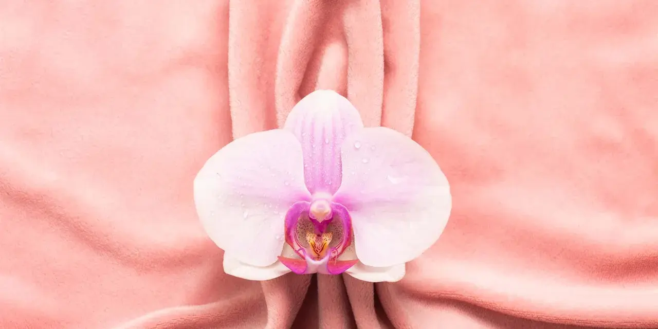 Delikatna orchidea na różowym tle, symbolizująca piękno i kobiecość, nawiązuje do tematu wycinania warg sromowych.