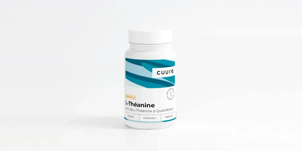 Flacon de L-Théanine "Cuure", 40% de L-Théanine & Quatrefolic®, pour le stress et le cerveau.