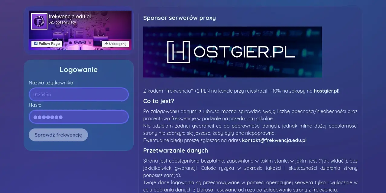 Logowanie do strony, która pozwala sprawdzić procent frekwencji Librus. Wpisz dane i kliknij "Sprawdź frekwencję".