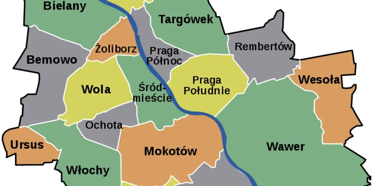 Mapa przedstawia podział na dzielnice Warszawy, w tym Wola, Mokotów, Praga Północ i Południe, Bemowo, Bielany, Żoliborz, Ochota, Ursus, Włochy, Targówek, Rembertów, Wesoła i Wawer.