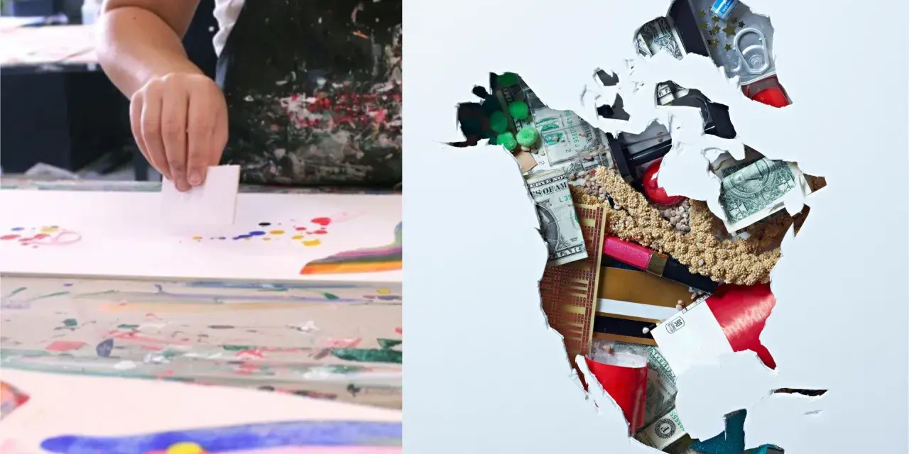 Une main utilise un carré de papier pour étaler de la peinture, une méthode pour peindre sans pinceau. À côté, l'Amérique du Nord est découpée dans du papier, révélant un collage d'argent et d'objets.