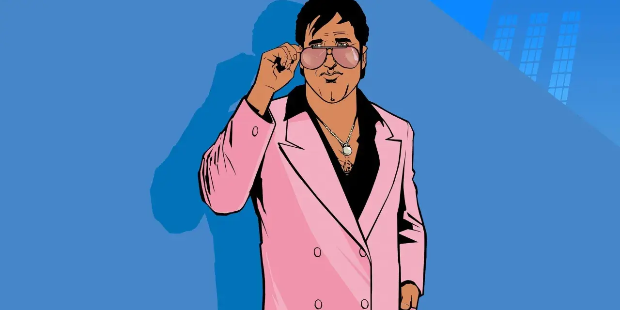 Tommy Vercetti w różowej marynarce poprawia okulary. Szukasz kodów do GTA Vice City?