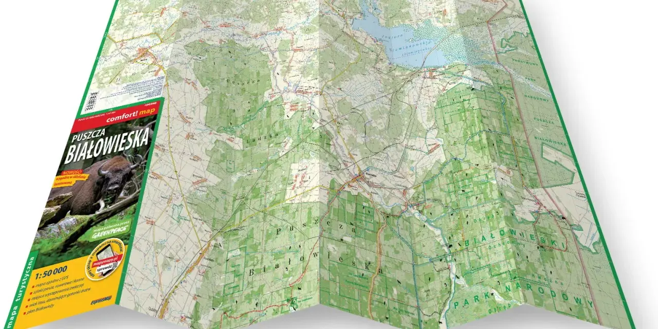 Mapa turystyczna Puszczy Białowieskiej, pokazująca szlaki, jeziora i tereny Parku Narodowego. Idealna, by zaplanować wycieczkę i dowiedzieć się, gdzie jest Puszcza Białowieska.