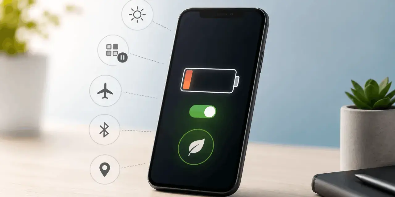 Jak dbać o baterie w telefonie? Ikony sugerują oszczędzanie energii: jasność, tryb samolotowy, Bluetooth, lokalizacja.