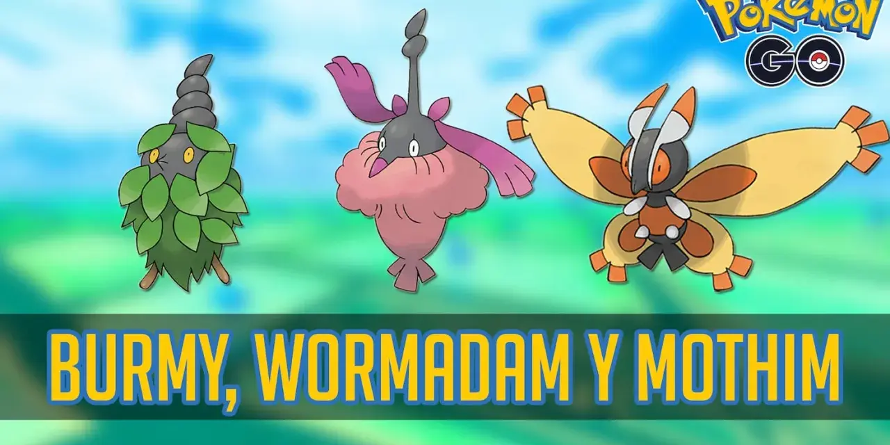 Burmy, Wormadam y Mothim, tres Pokémon de Pokémon GO, listos para la batalla.