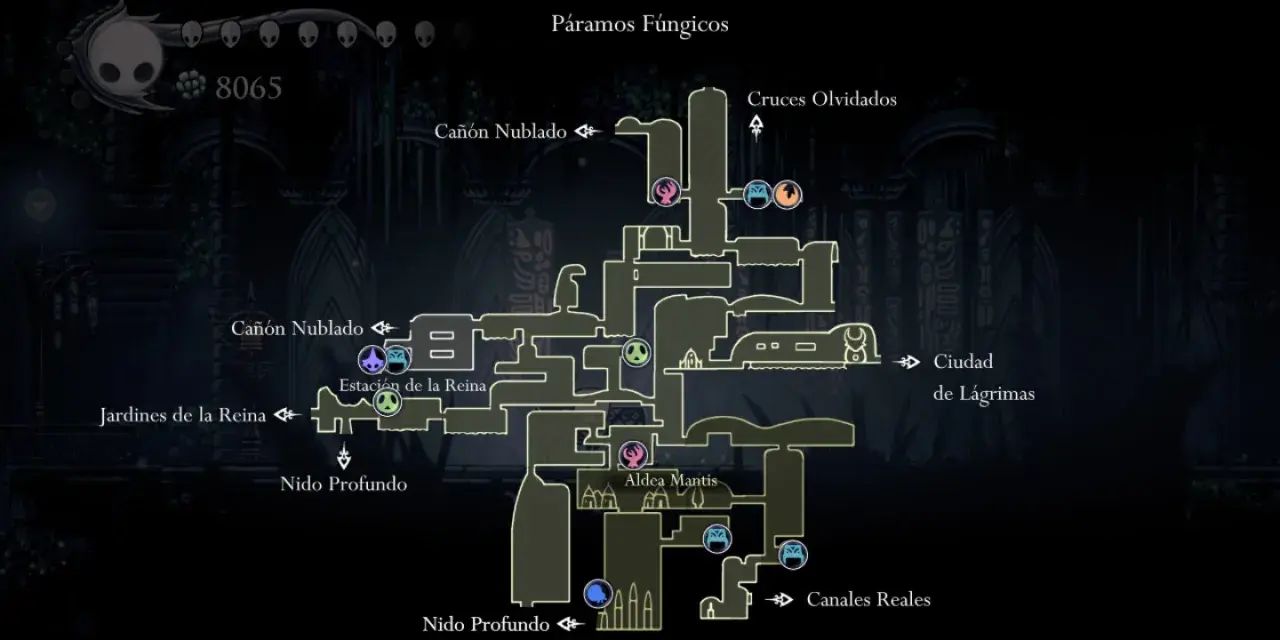 Mapa de Páramos Fúngicos en Hollow Knight. Se ven zonas como Cañón Nublado, Jardines de la Reina y Aldea Mantis, con iconos de larvas.