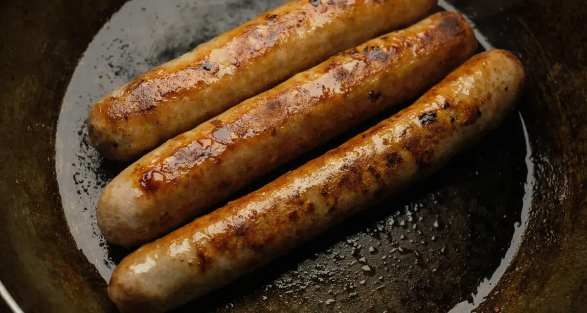 Drei goldbraune Bratwürste brutzeln in einer Pfanne. Perfekt für leckere Bratwurst Rezepte!