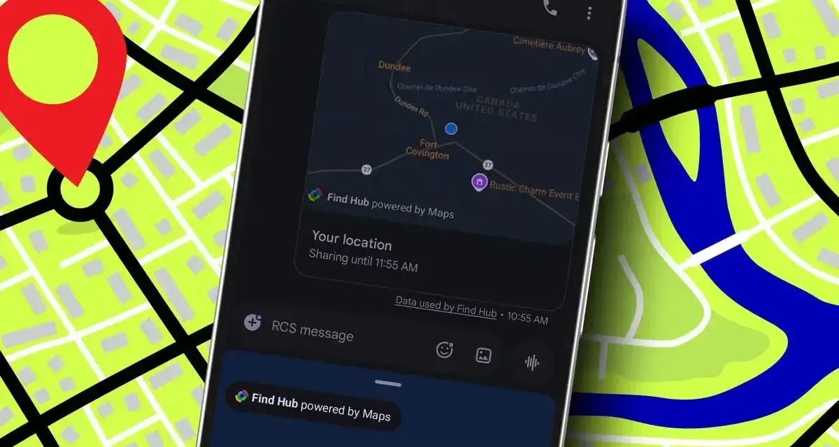 Telefon pokazuje udostępnianie lokalizacji w aplikacji "Find Hub powered by Maps". Widok mapy z zaznaczonym punktem i ikoną pinezki.