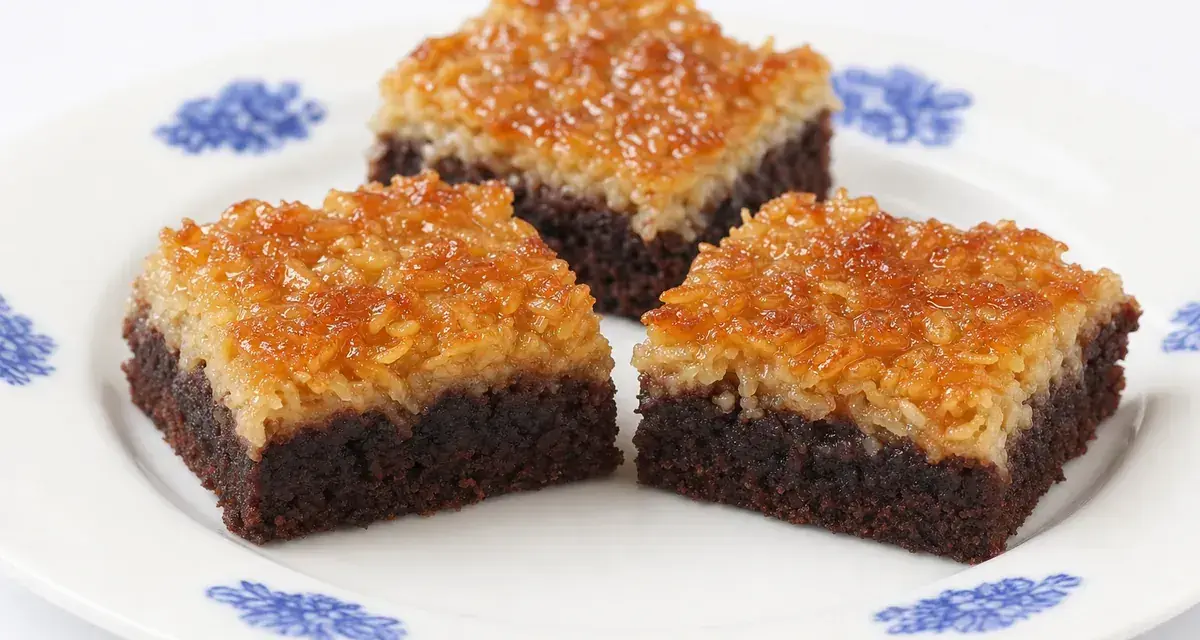 Chokladkakor med kokostosca, perfekta att baka i långpanna. Tre bitar på en vit tallrik med blått mönster.