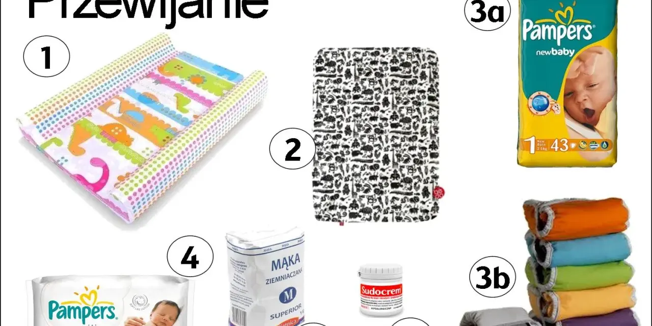 Wyprawka dla noworodka lista: przewijak, pieluchy Pampers, chusteczki, krem Sudocrem, mąka ziemniaczana, wielorazowe pieluszki.