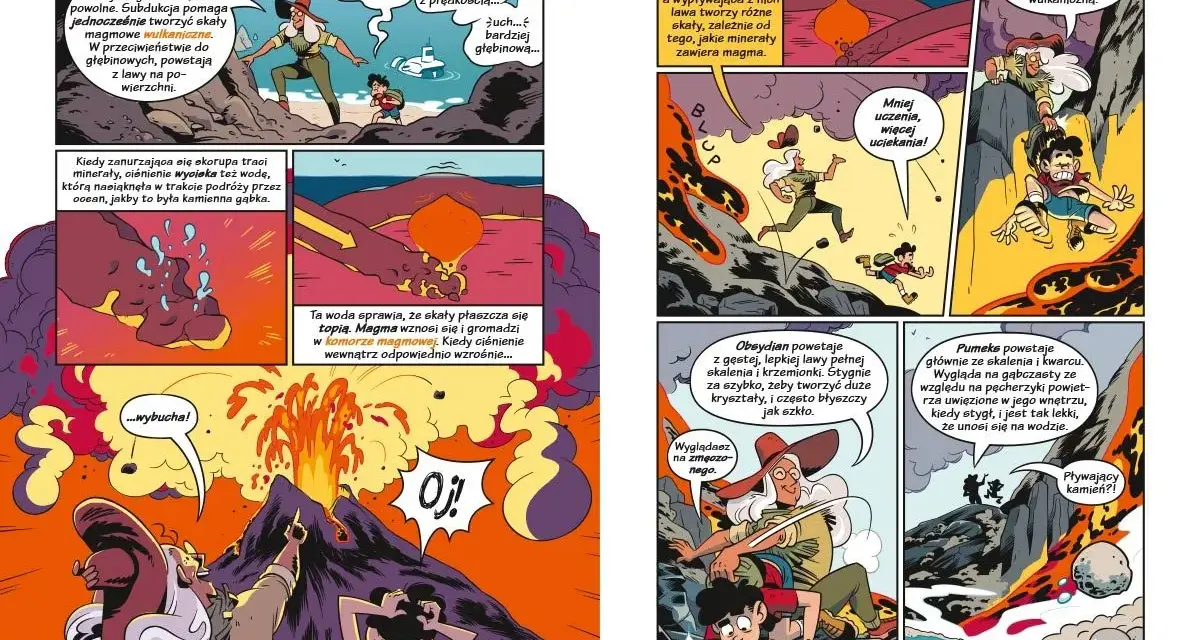Jak wygląda komiks: naukowcy badają wulkany, lawę i minerały. Dzieci uciekają przed erupcją, a potem obserwują pływające kamienie.