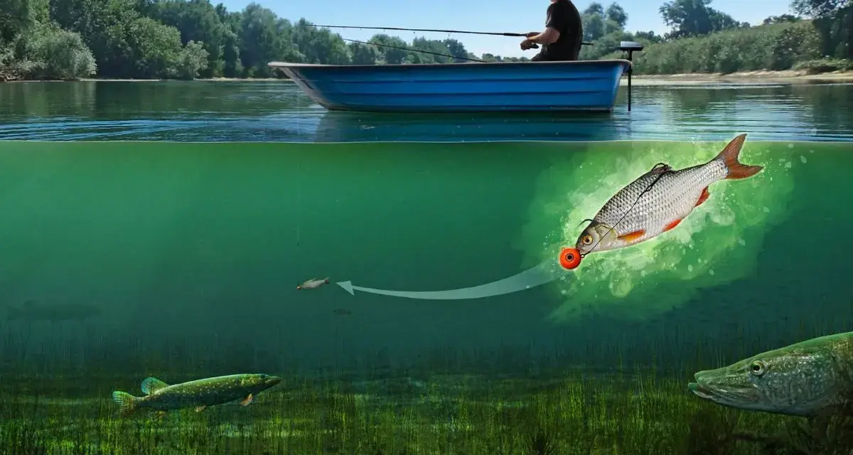 Ein Angler im Boot wirft eine Leine aus. Unter Wasser schnappt ein Hecht nach einem Köderfisch, der wie ein Feuerball aussieht.