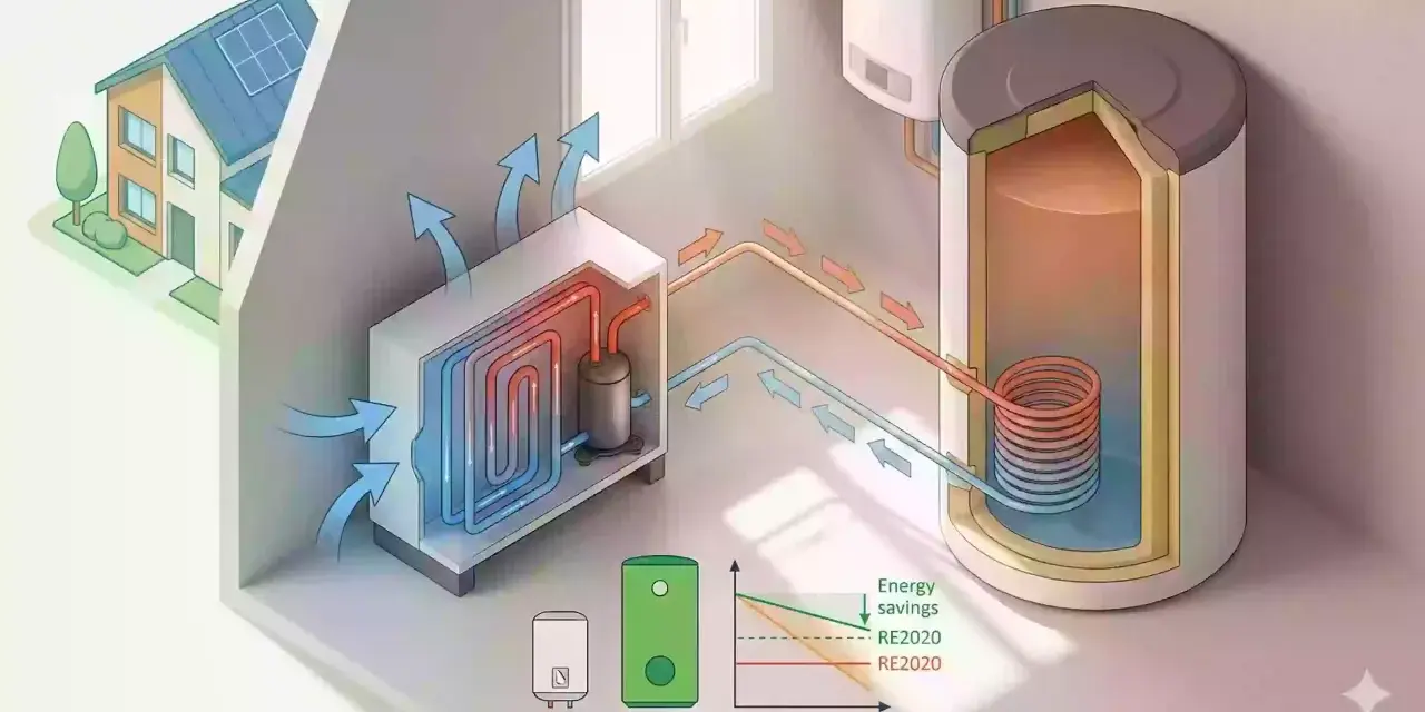 Schéma d'une maison avec un chauffe eau thermodynamique. Le système extrait la chaleur de l'air extérieur pour chauffer l'eau.
