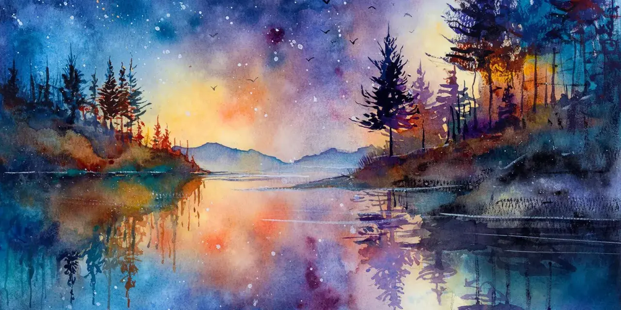 Aquarelle paysage d'un lac paisible reflétant un ciel étoilé aux couleurs vives, avec des silhouettes d'arbres sombres sur les rives.