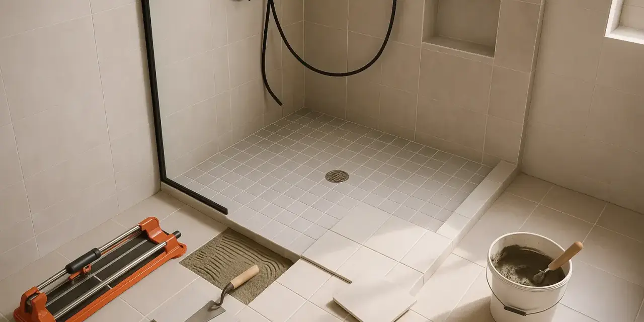 Pose de carrelage dans une salle de bain avec douche italienne. Outils de pose et seau de mortier à proximité.
