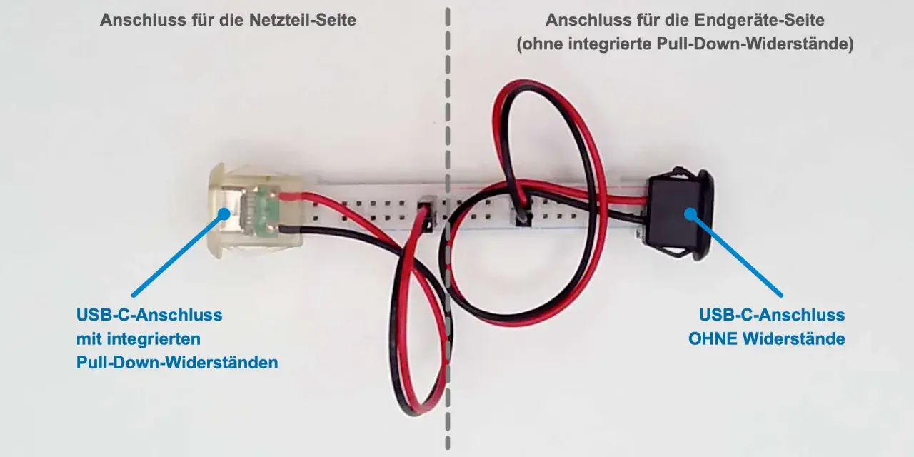 USB-C-Adapter mit und ohne Pull-Down-Widerstände. Ein Anschluss für das Netzteil, der andere für Endgeräte.