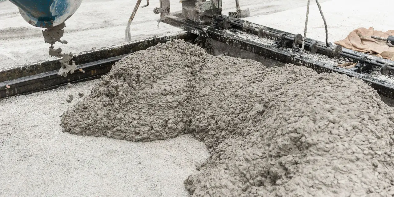 Beton wylewany z betoniarki na podłoże z drobnego kruszywa. Widać formę do wylewania betonu i masę, która tworzy kopiec.