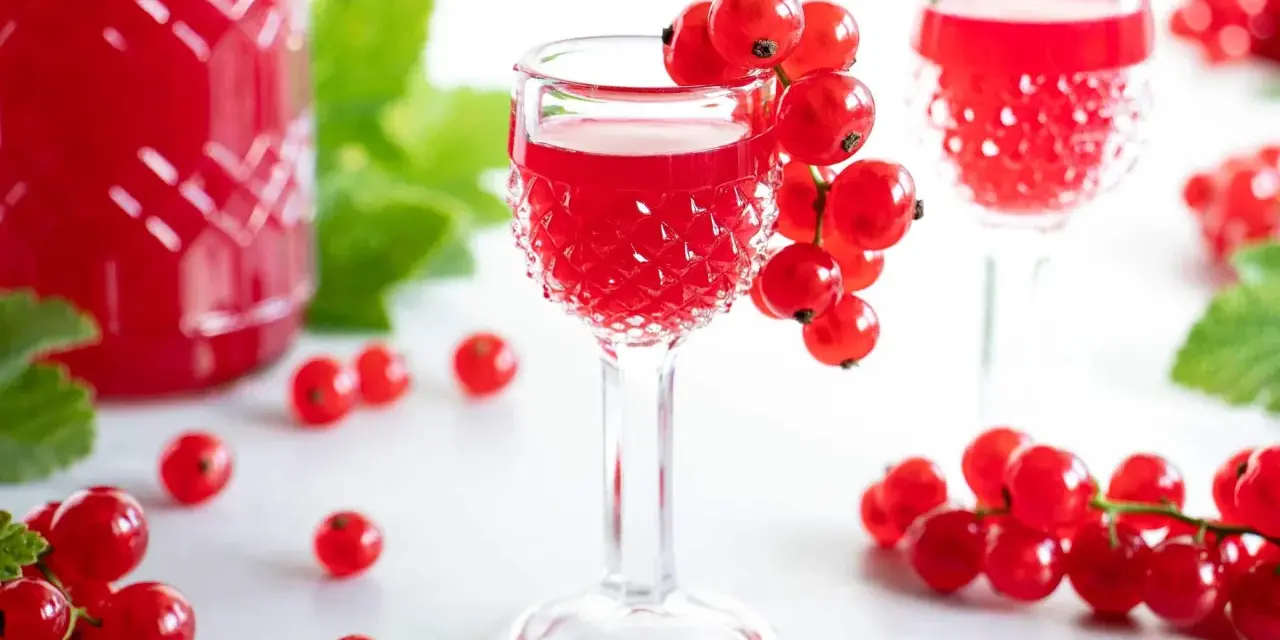 Rote Johannisbeeren schnaps ansetzen: Ein Glas mit rotem Likör, garniert mit frischen Beeren, daneben eine Flasche und weitere Johannisbeeren.