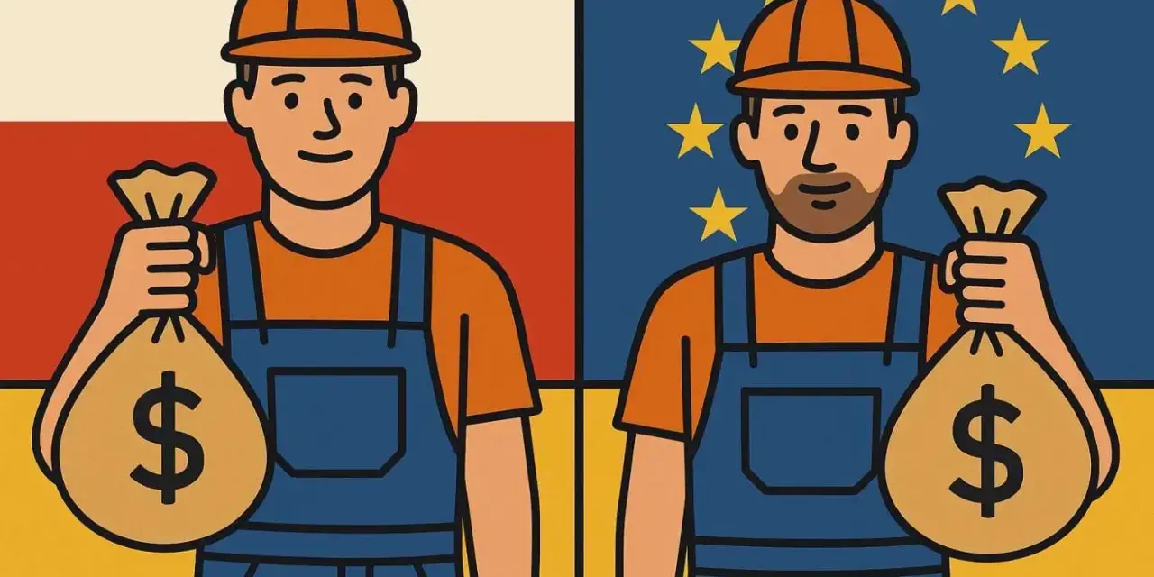 Dwaj pracownicy z workami pieniędzy. Jeden stoi na tle flagi Polski, drugi na tle flagi UE. Porównanie kosztów instalacji elektrycznej.