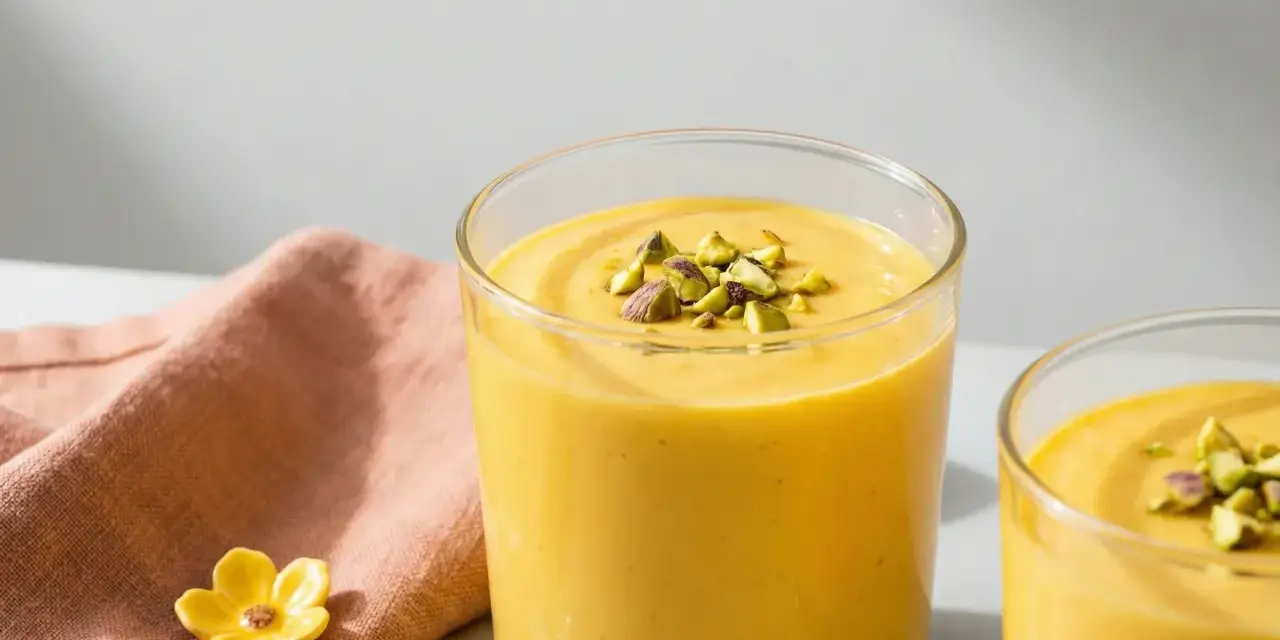 Två glas med krämig mango lassi, toppad med hackade pistagenötter. En rosa duk och små blommor ligger bredvid.