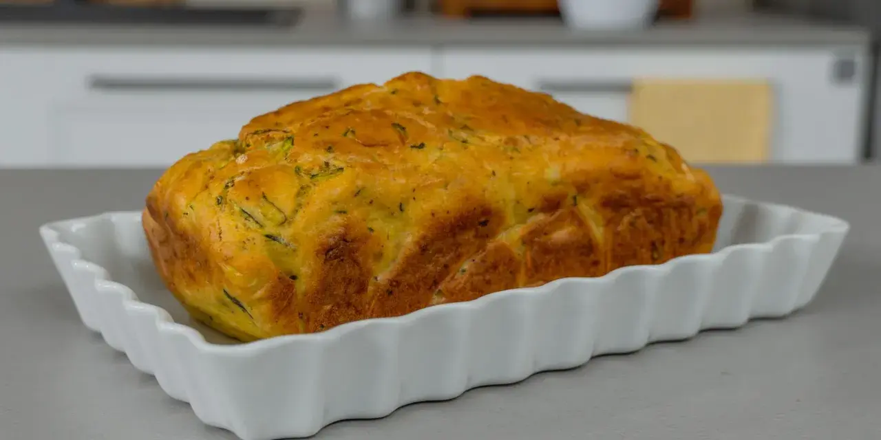 Sformato di zucchine dorato e fragrante, appena sfornato, servito in una pirofila bianca.