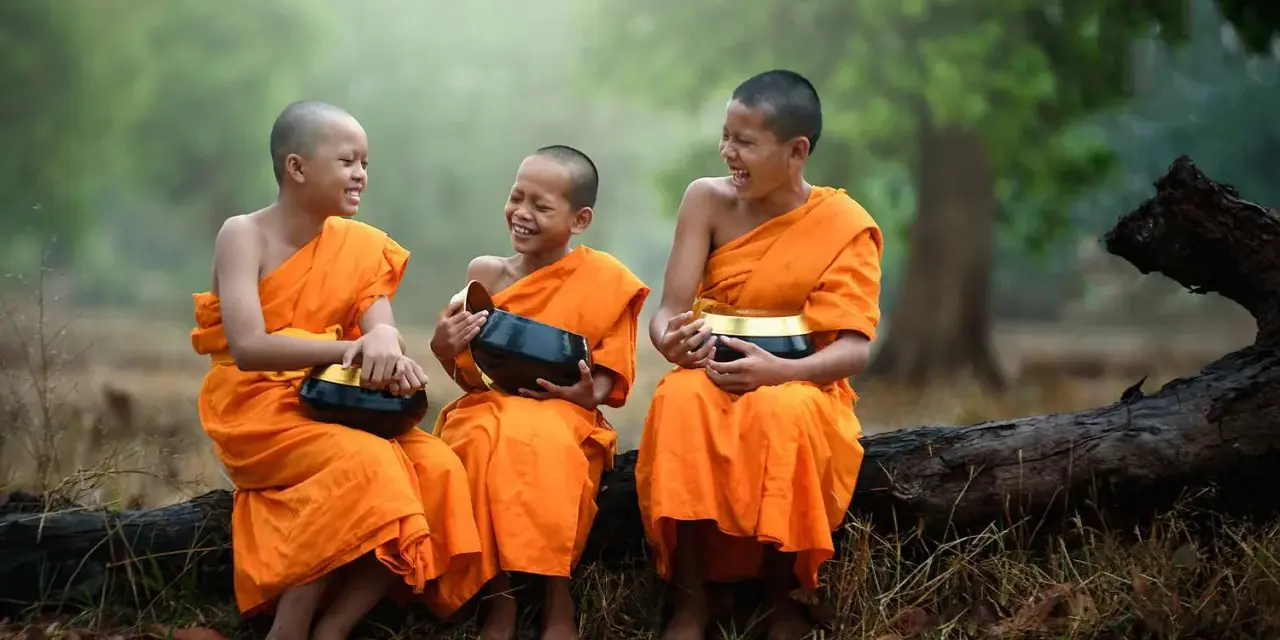 Three young monks in orange robes laugh heartily while holding alms bowls. They are sitting on a fallen log in a serene, misty forest.