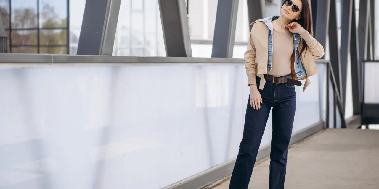 Kobieta w ciemnych jeansach straight, które podkreślają jej sylwetkę. Stylizacja uzupełniona beżową kurtką i okularami przeciwsłonecznymi.