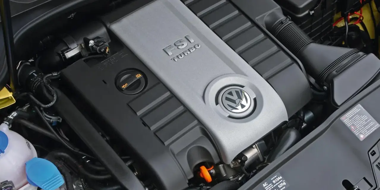 Silnik Volkswagen z napisem FSI TURBO. Widoczny jest symbol marki i elementy układu dolotowego.