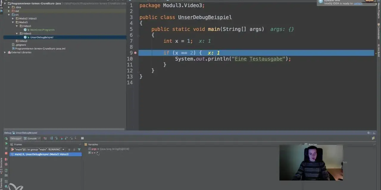 Java-Code wird im Debugger analysiert. Die Variable 'x' wird geprüft, was die Bedeutung von Debugging verdeutlicht.