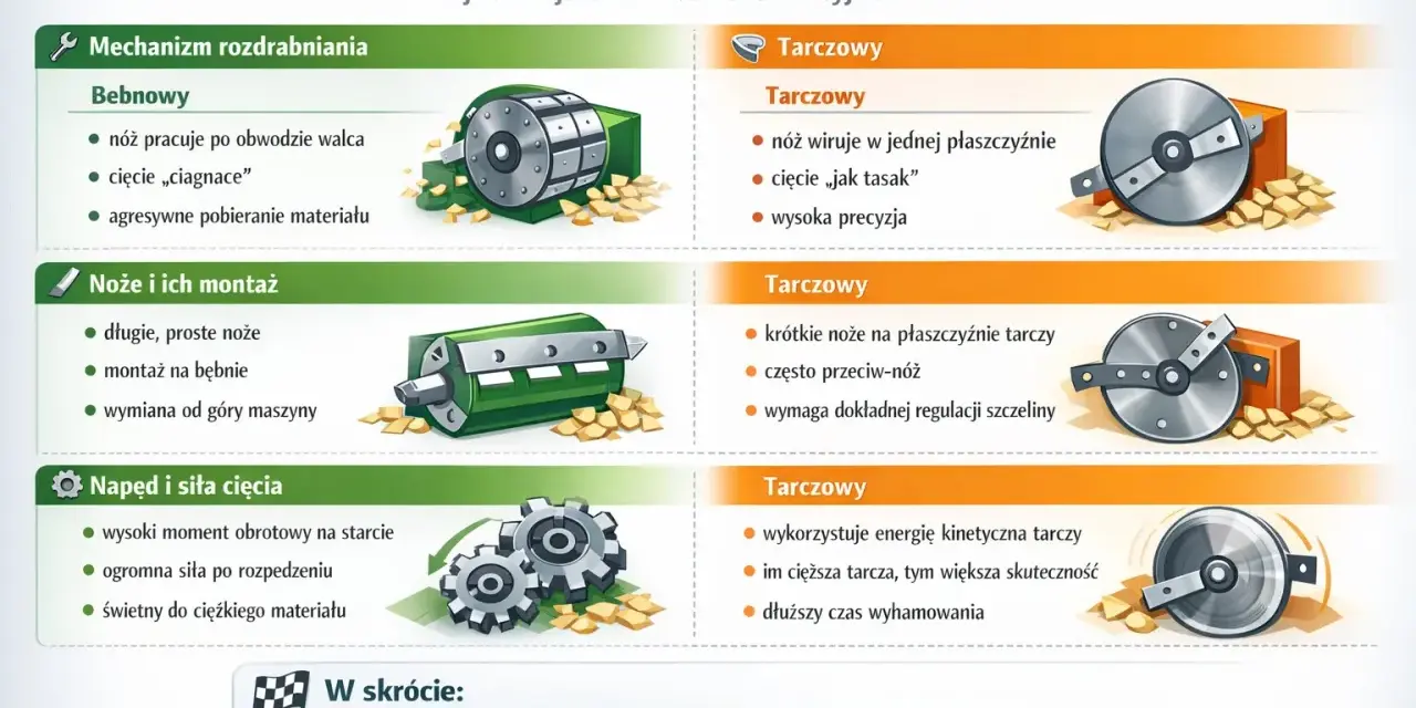 Porównanie rębaków: bębnowy (agresywny, mocny) i tarczowy (precyzyjny, z dobrym wykończeniem zrębki).