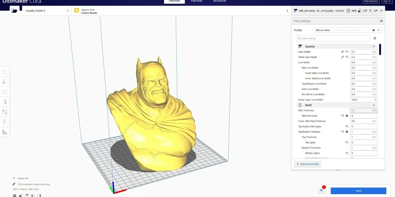 Busta Batmana w programie Ultimaker Cura. Ustawienia druku w zakładce "Print settings" pokazują parametry dla profilu "ABS all-metal".