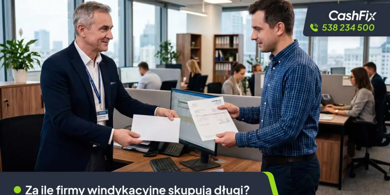 Dwóch mężczyzn w biurze wymienia dokumenty. Pytanie brzmi: za ile firmy windykacyjne skupują długi?