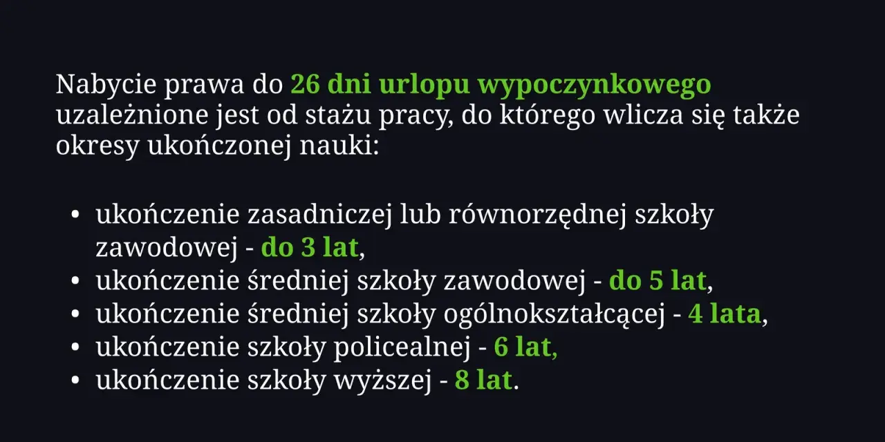 Staż pracy a urlop: 26 dni urlopu zależy od stażu pracy i ukończonej nauki. Np. szkoła wyższa to 8 lat, a zawodowa 5 lat.