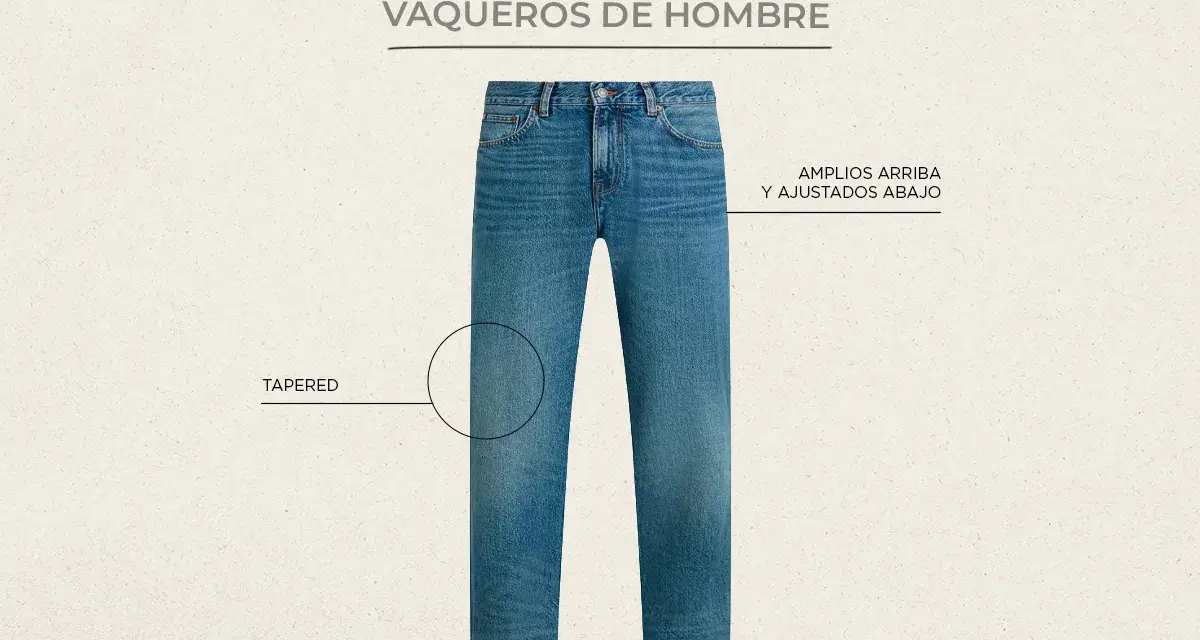 Vaqueros de hombre, amplios arriba y ajustados abajo, con corte tapered.