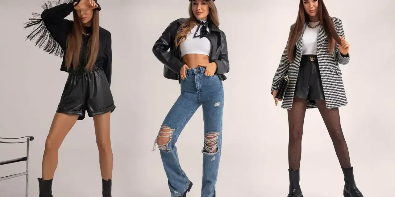 Trzy stylizacje pokazują, jak się ubrać na koncert na stadionie: skórzane szorty, jeansy z dziurami i elegancki żakiet.