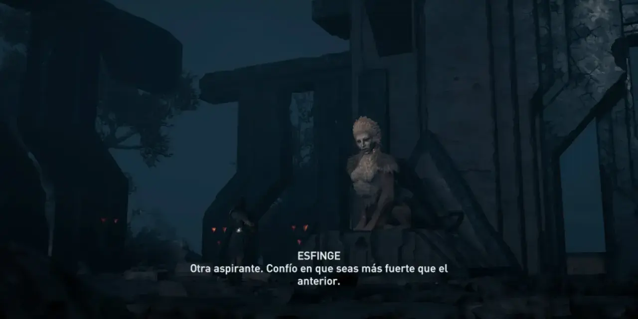 La esfinge de Assassin's Creed Odyssey, con su mirada penetrante, desafía a un aspirante.